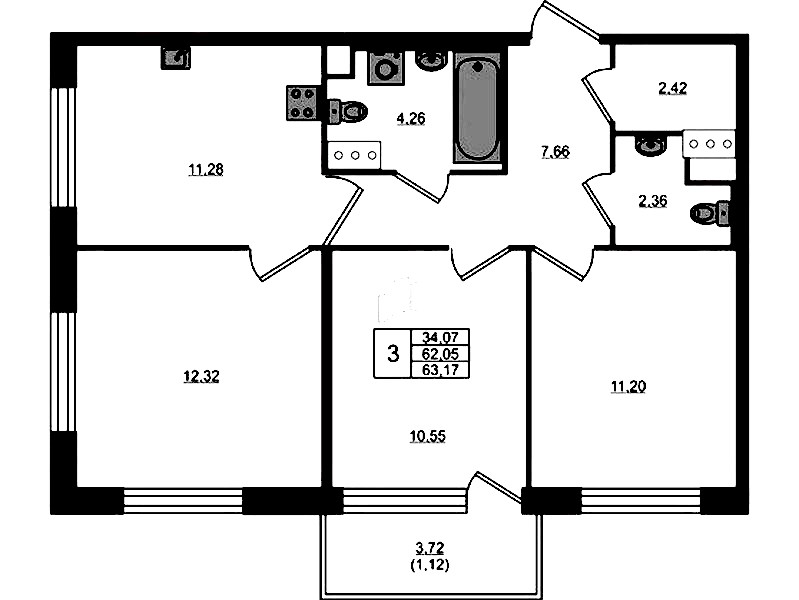 3-комнатная квартира 62.05 м², 4/5 эт., ЖК «Plus Пулковский»
